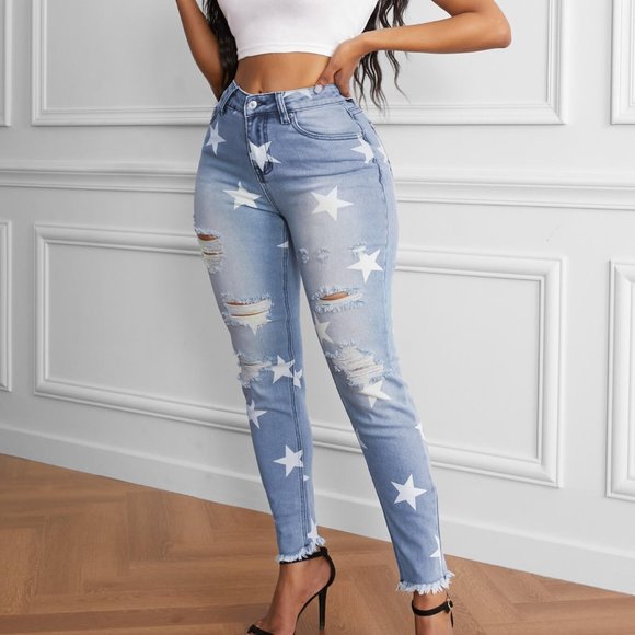 Ripped Star Print Mid Waist Jeans - Picture 6 of 6